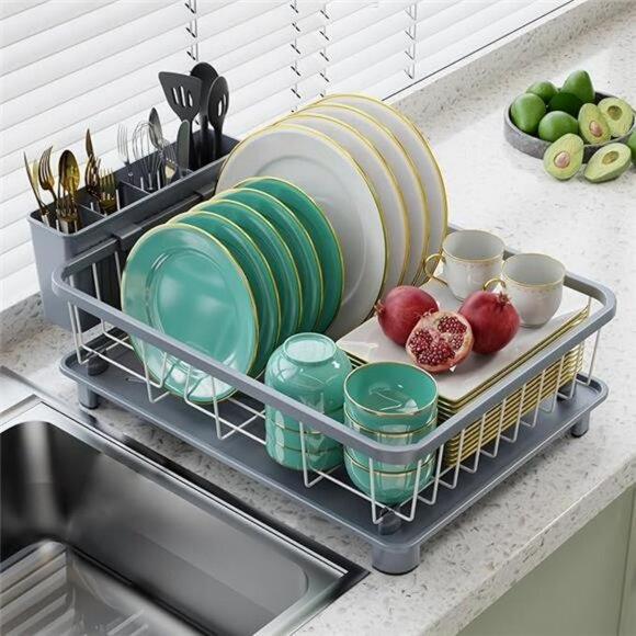 space saving dish drying rack with drainboard utensil holder kitchen counter - Picture 7 of 7